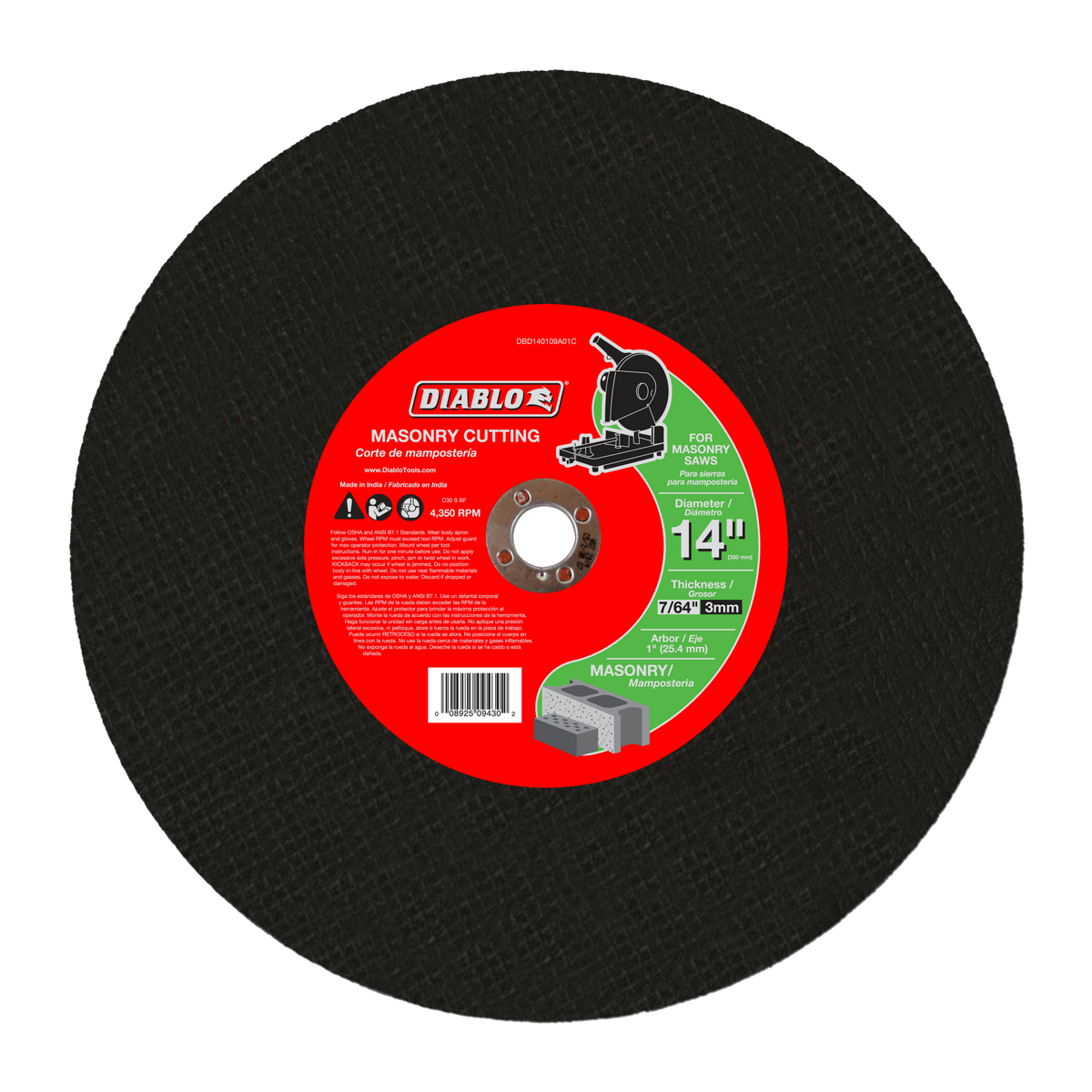 DBD140109A01C 14" x 7/64" x 1" Chop Saw Masonry Cut-Off Disc
