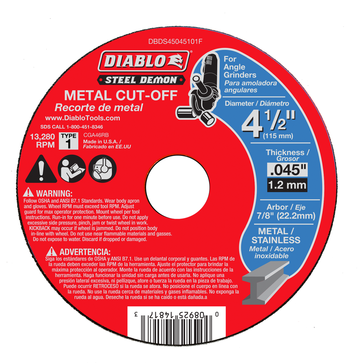 DBDS45045101F   4-1/2" Metal Cut-Off Disc (Ceramic) .045