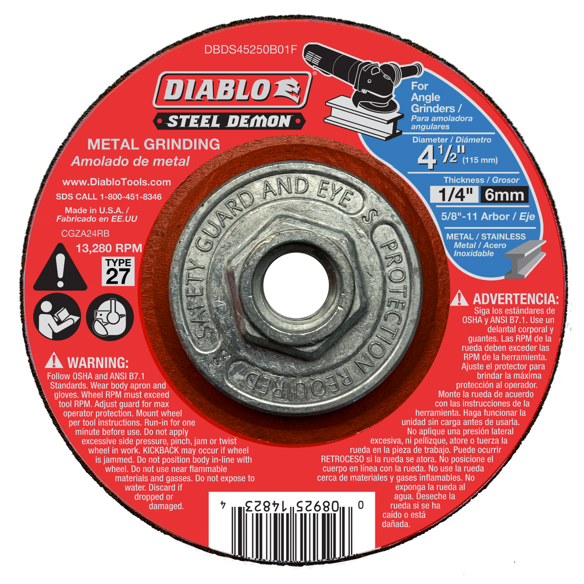 DBDS45250B01F 4-1/2" Type 27 Steel Demon™ Metal Grinding Disc